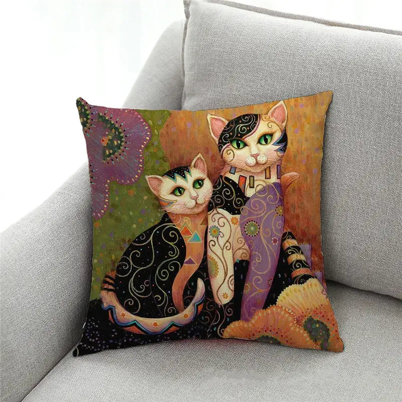 Artistic cat print black cushion cover set of 4 with vibrant stylized two cats design for living room decorbites cat print