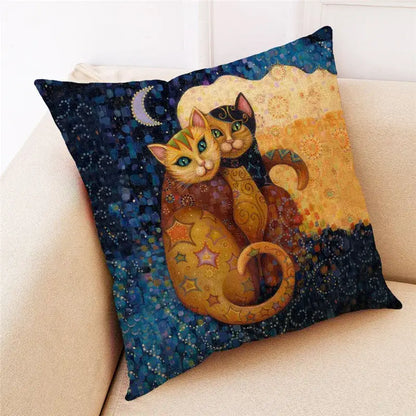 Square cat print black cushion cover set of 4 featuring vibrant stylized cats on a starry night sky for living room decor