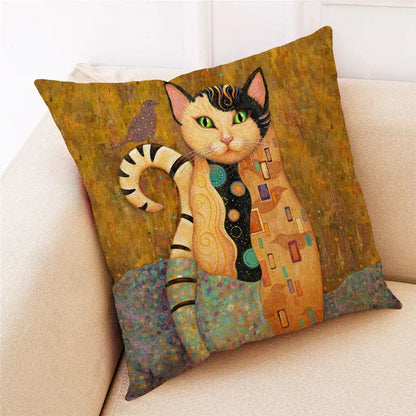 Square throw pillow with stylized cat print black design in warm orange and gold for living room decorbites cat print set of 4