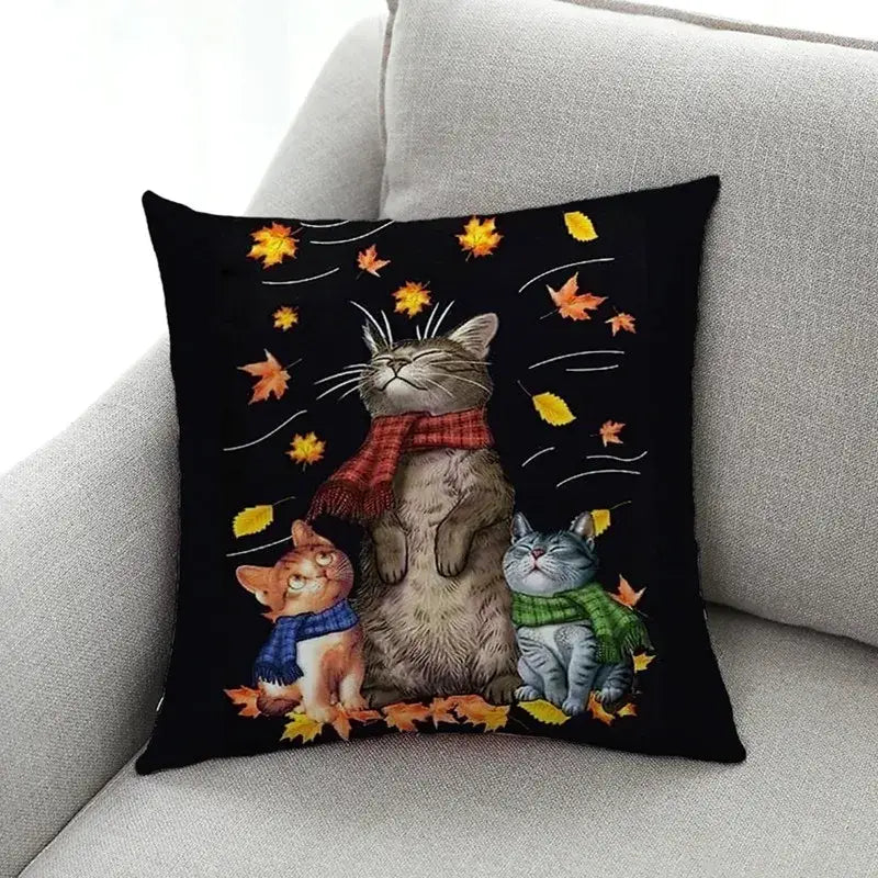 Black throw pillow set featuring artistic cat print black design with three cats in autumn scarves and falling leaves decorbites cat print