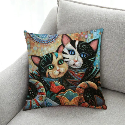 Square cat print black cushion cover set of 4 featuring vibrant stylized cats in black white orange teal and red for living room decorbites decor