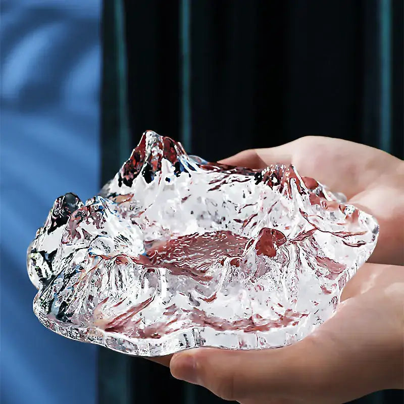 Artistic clear and gold decorbites iceberg glass dessert plate with translucent glass mountain and red crystalline accents