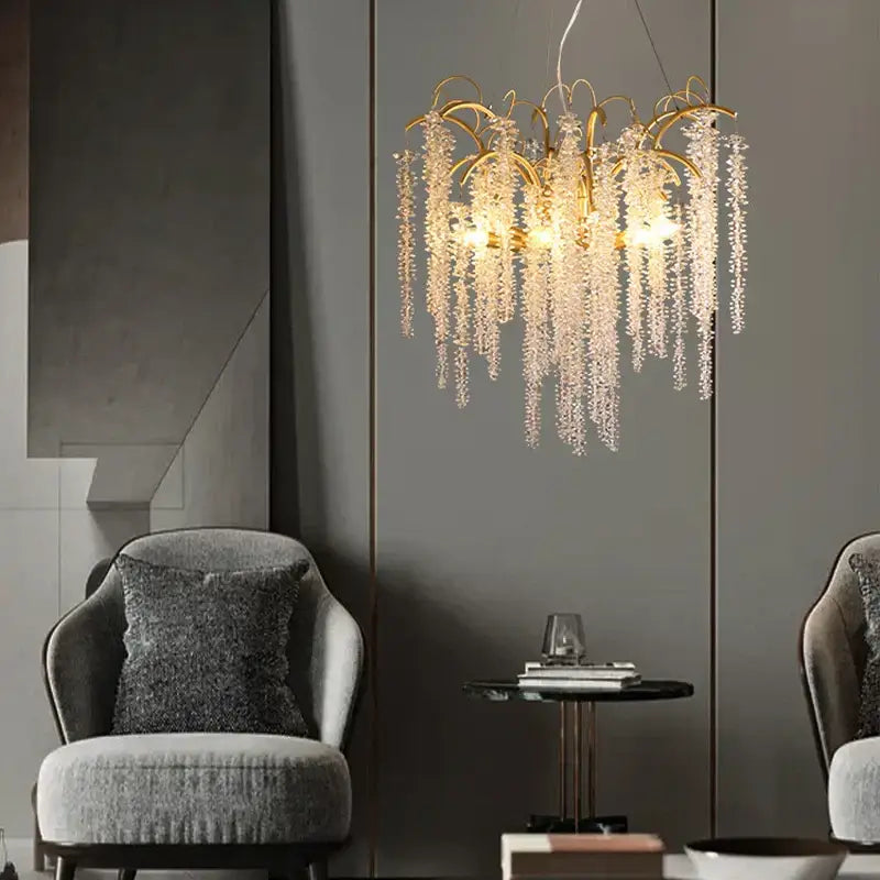 Artistic gold crystal wistaria ceiling chandelier with cascading crystal strands for dining room decorbites crystal wistaria