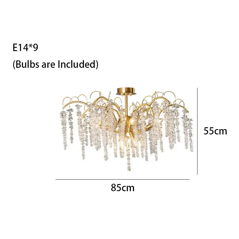 Artistic gold crystal wistaria ceiling chandelier with cascading crystal strands and nine e14 bulb sockets for dining room decorbites crystal wistaria