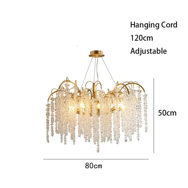 Artistic gold crystal wistaria ceiling chandelier with cascading clear crystal strands and adjustable 120cm cord for dining room decorbites crystal wistaria