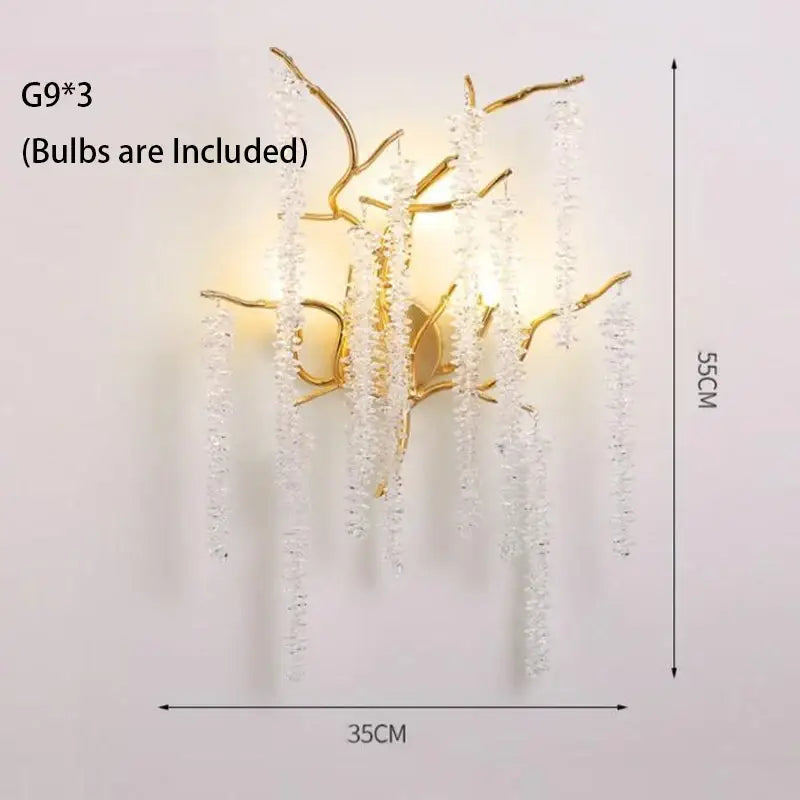 Artistic gold-toned branch-style wall sconce with dangling clear crystal strands for decorbites crystal wistaria chandelier
