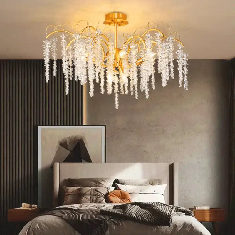 Artistic gold crystal wistaria ceiling chandelier with cascading crystal droplets for elegant dining room decorbites crystal wistaria