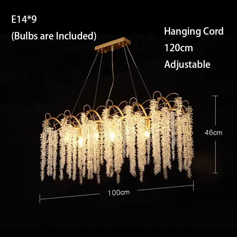 Artistic gold crystal wistaria ceiling chandelier with cascading crystal strands and rectangular mount for dining room decorbites crystal wistaria