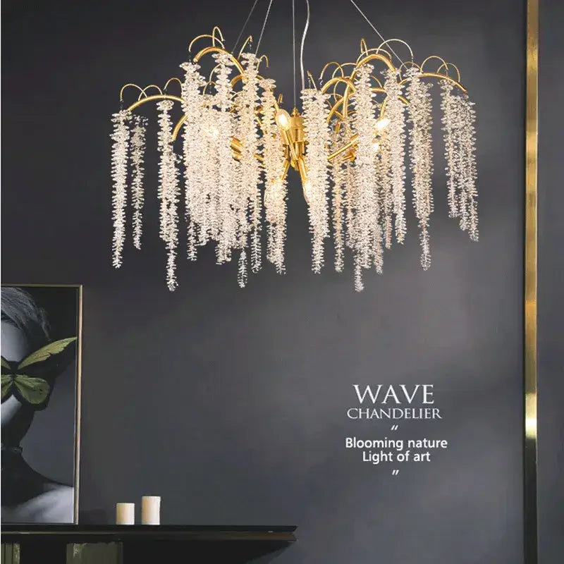 Artistic gold crystal wistaria ceiling chandelier with cascading clear crystals for elegant dining room decorbites crystal wistaria