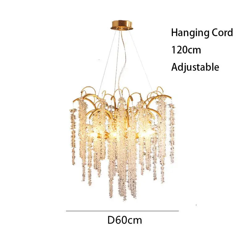 Artistic gold crystal wistaria ceiling chandelier with cascading crystal strands and 120cm adjustable hanging cord for dining room decorbites crystal wistaria