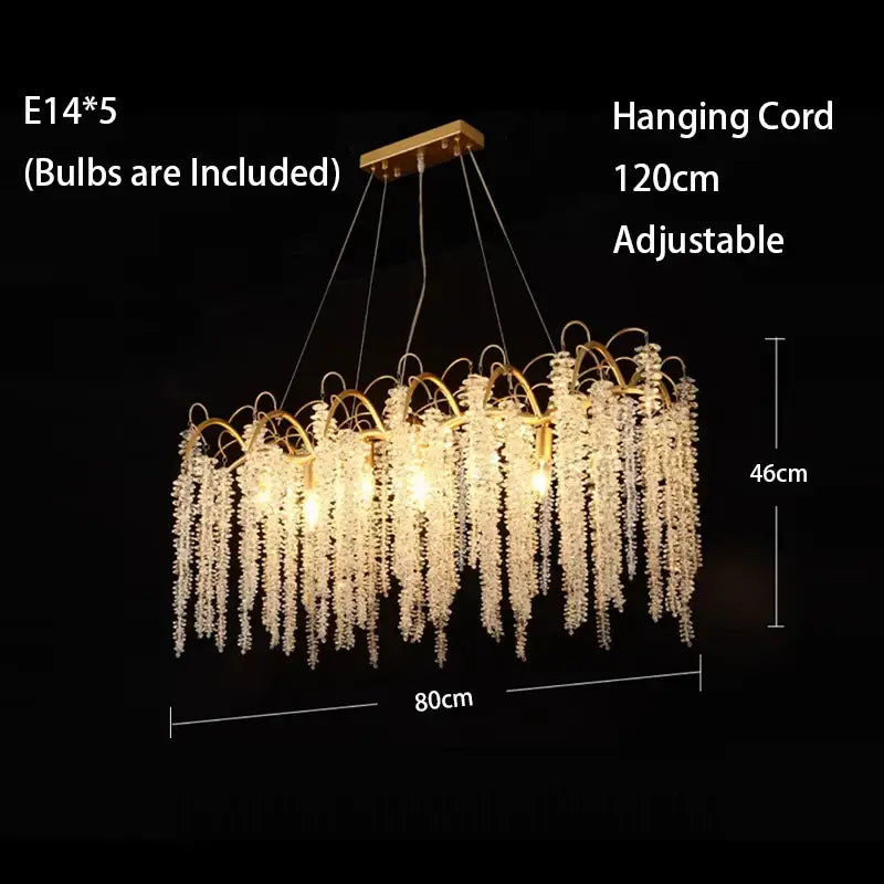 Artistic gold crystal wistaria ceiling chandelier with cascading crystal strands and five e14 bulbs for dining room decorbites crystal wistaria