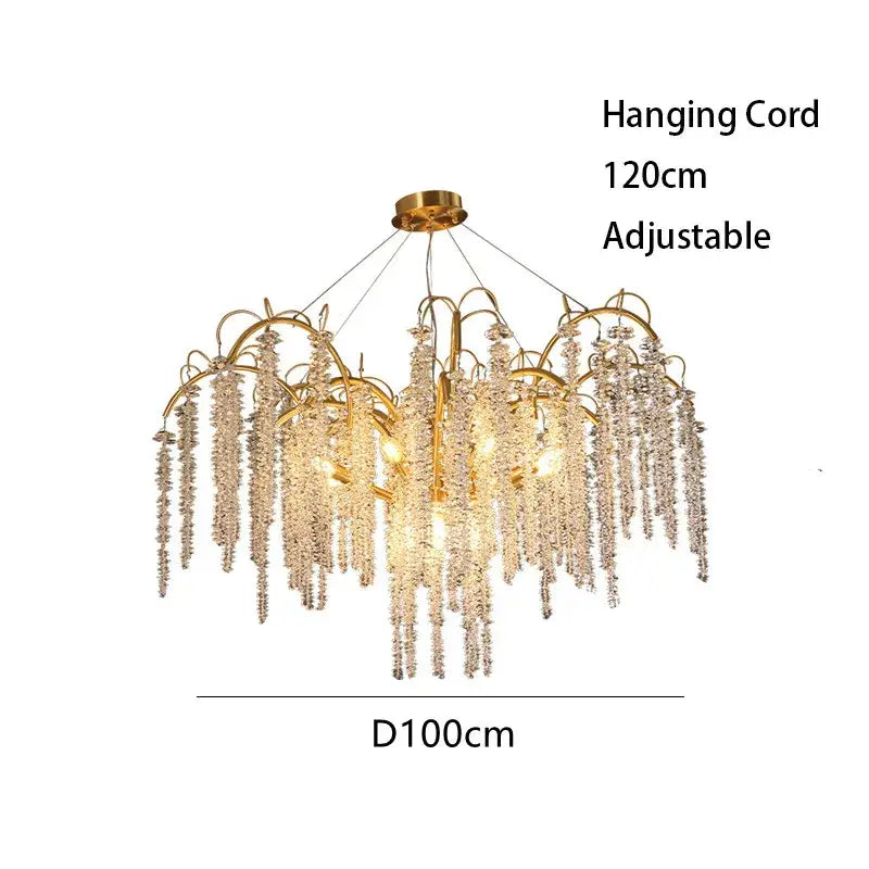 Artistic gold crystal wistaria ceiling chandelier with cascading crystal strands and adjustable 120cm hanging cord for dining room decorbites crystal wistaria