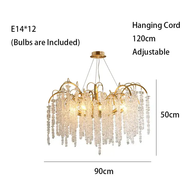 Artistic gold crystal wistaria ceiling chandelier with cascading strands and 120cm adjustable hanging cord for dining room decorbites crystal wistaria