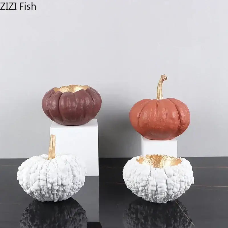 Artistic green and white gold pumpkin resin sculpture featuring matte brown terracotta and white decorbites gold pumpkin designs