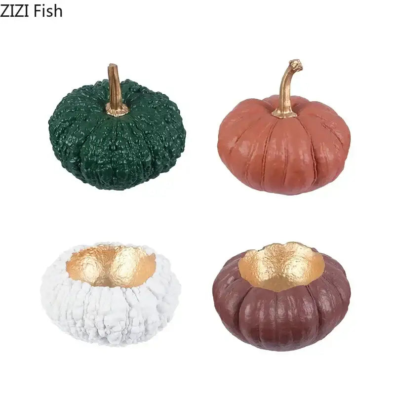 Set of four miniature decorative pumpkin resin sculpture in green white gold for living room decorbites gold pumpkin display