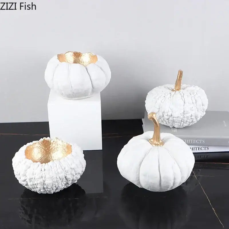 Artistic green and white gold pumpkin resin sculpture featuring white ceramic pumpkins with gold pumpkin resin stems for decorbites gold pumpkin living room decor