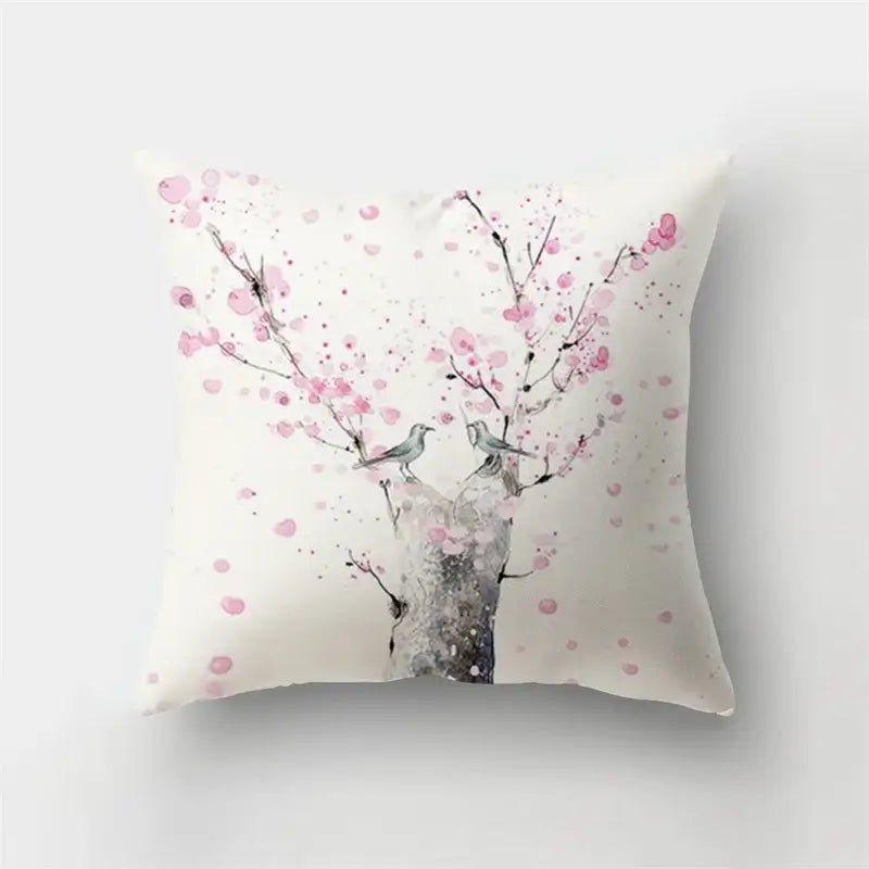 A square white short plush pillowcase with pink cherry blossom and bird design ideal for decorbites deer animal decor