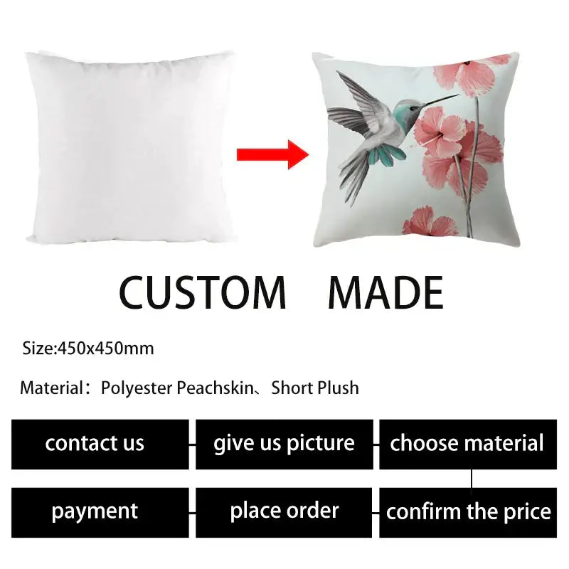Custom-made short plush square pillow with hummingbird and pink hibiscus flowers on light polyester peacheskin decorbites deer animal design