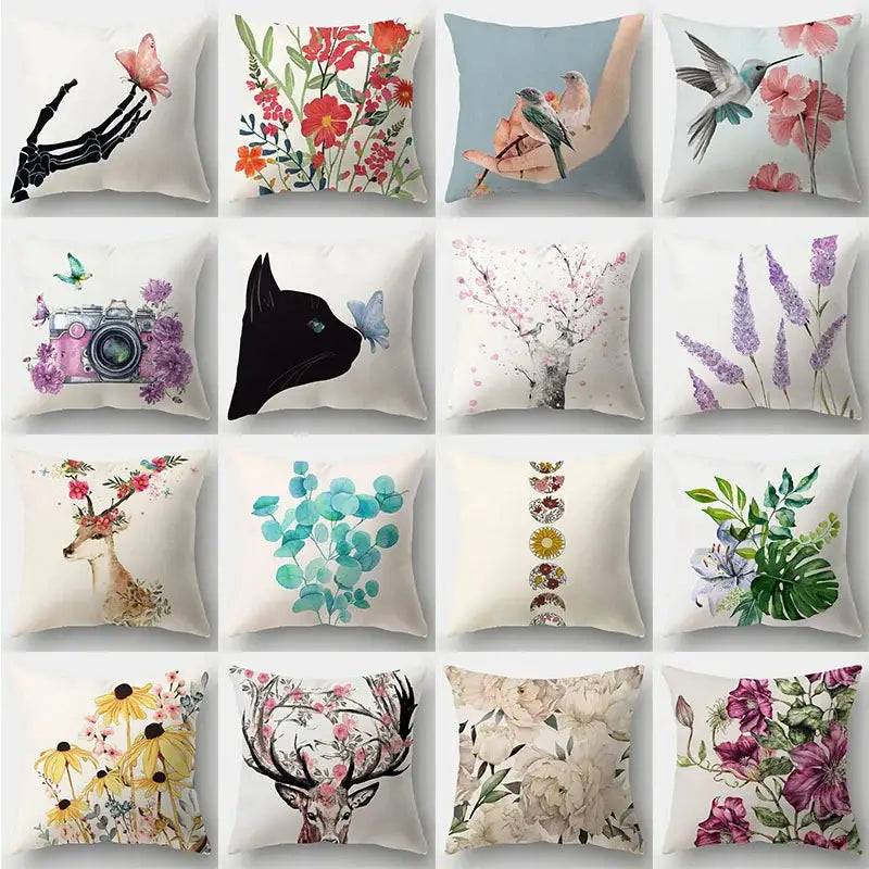 A collection of short plush pillowcases featuring decorbites deer animal, floral, birds, and vintage camera designs for bedroom decor