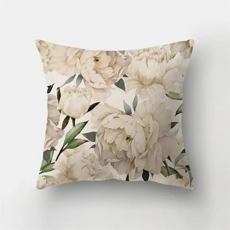 Square short plush pillowcase featuring cream peonies and soft green leaves on beige background for decorbites deer animal decor