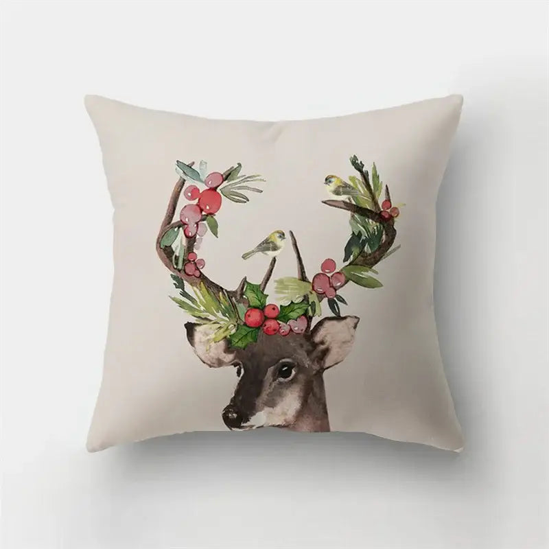 Beige short plush pillowcase with decorbites deer animal design featuring holly, berries, and birds for bedroom decor