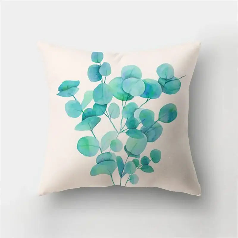 Cream-colored short plush throw pillow with teal eucalyptus leaves design for decorbites deer animal short bedroom decor