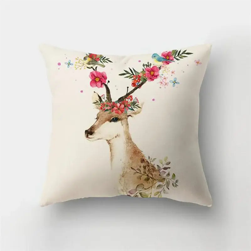 Cream-colored short plush cushion featuring decorbites deer animal with floral accents and blue bird for bedroom decorbites bedroom decor