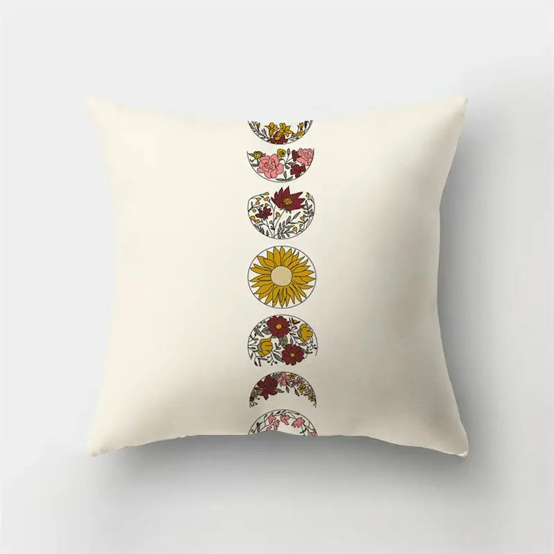 Cream-colored short plush throw pillow with stylized floral moon phases in warm tones for decorbites deer animal decor