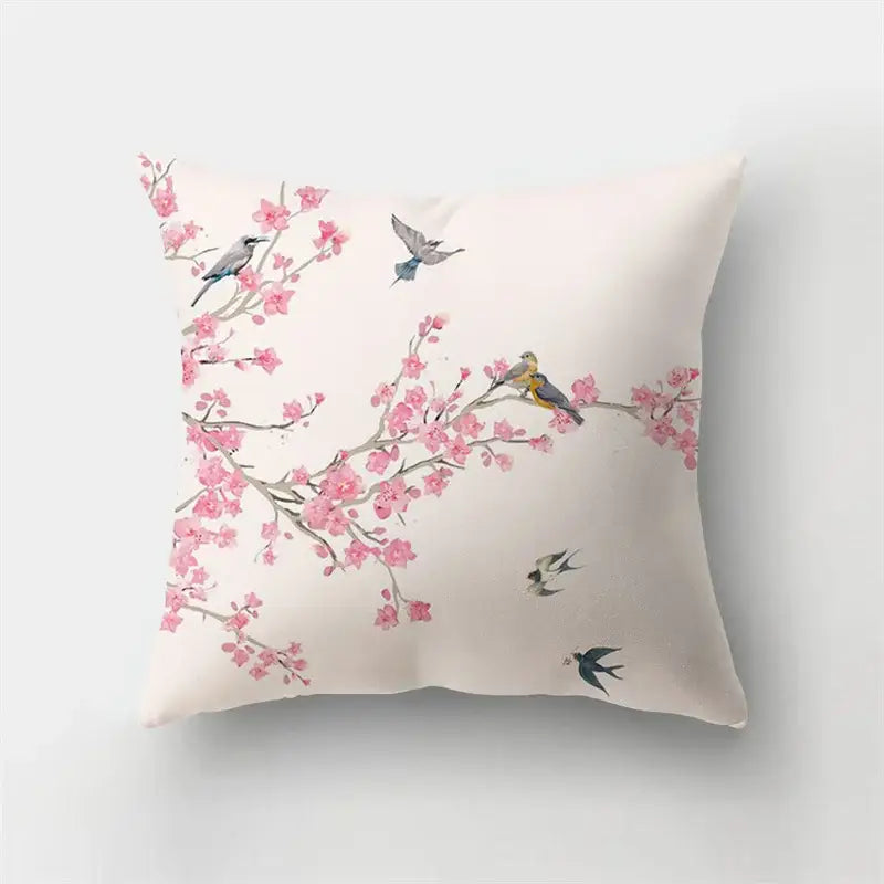 A soft cream-colored short plush pillowcase with pink cherry blossoms and birds for decorbites deer animal decor