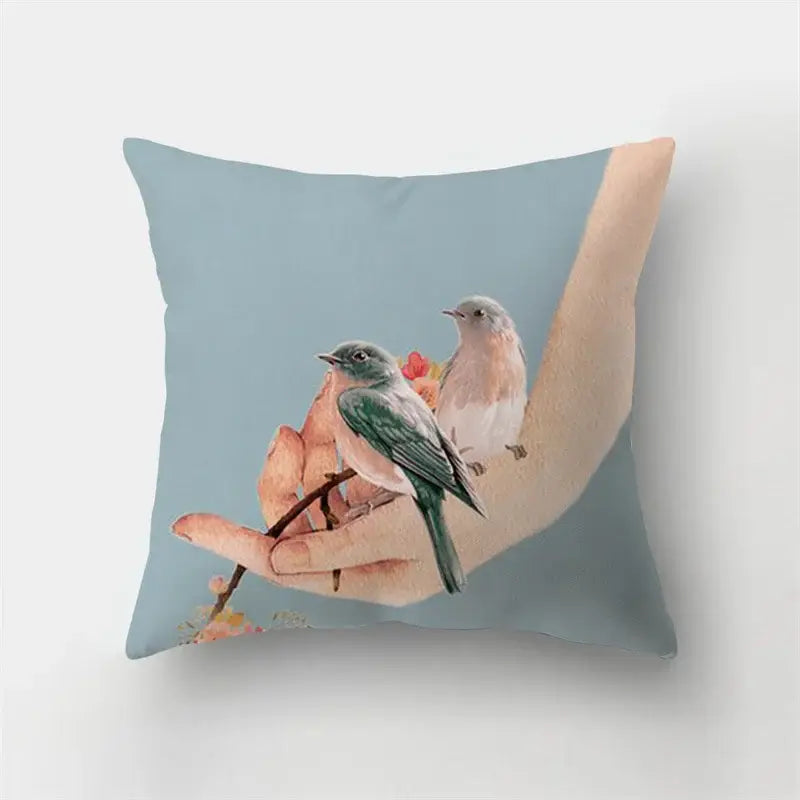 Artistic nature and animal short plush pillowcase with light blue color and bird illustration for bedroom decorbites deer animal decor