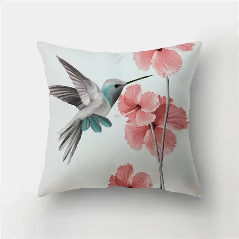 A soft white short plush pillowcase featuring a teal and gray hummingbird with pink hibiscus for bedroom decorbites deer animal