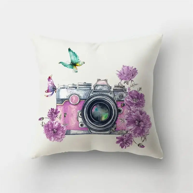 A soft white short plush pillow with a vintage pink and silver camera illustration for decorbites deer animal decor
