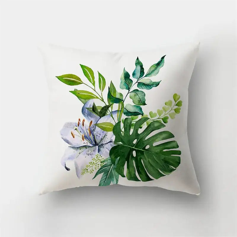 White short plush throw pillow with watercolor green foliage and light purple lilies for decorbites deer animal short use