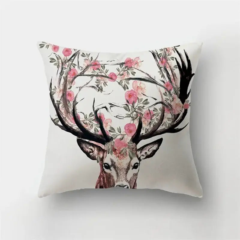 White short plush throw pillowcase featuring a decorbites deer animal with black antlers and pink flowers bedroom decor