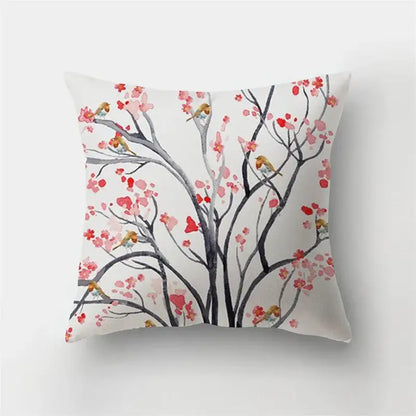 White short plush throw pillow with delicate black branches pink blossoms and yellow birds decorbites deer animal short