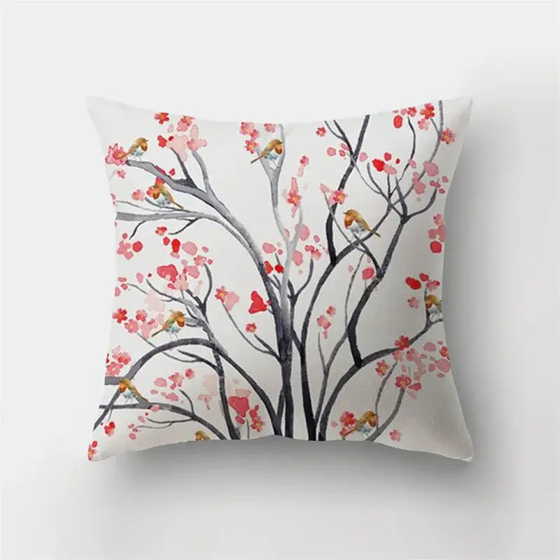 White short plush throw pillow with delicate watercolor black branches pink blossoms and yellow birds for decorbites deer animal decor