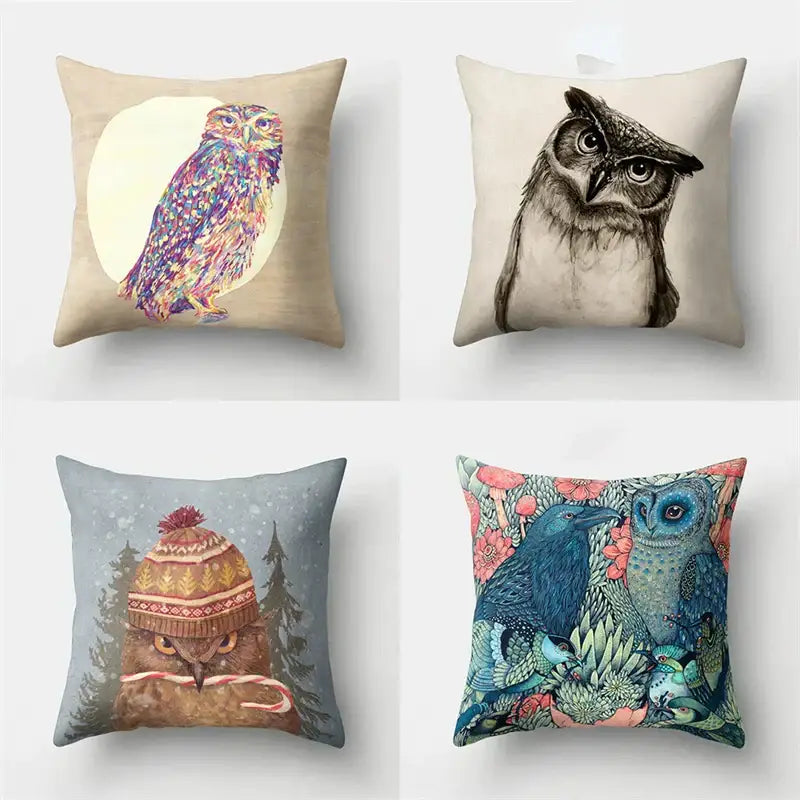 Beige pillow cover with colorful stylized owl illustration on pale yellow background for decorbites cute owl decor