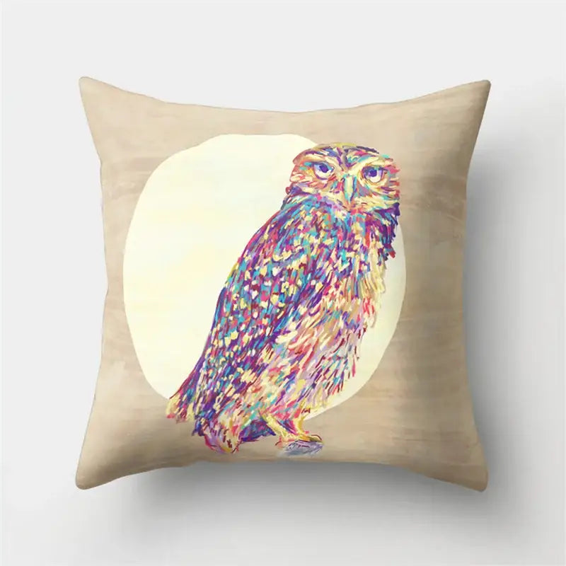 Beige pillow cover with vibrant multicolored owl illustration on cream background for decorbites cute owl cushion decor