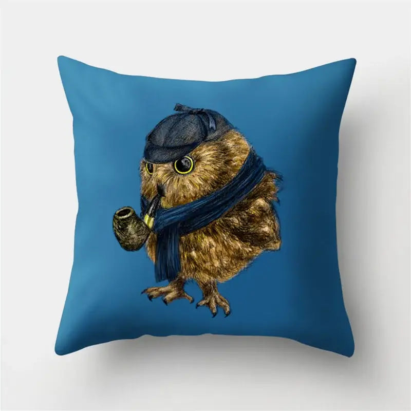 Blue pillow cover with artistic owl illustration wearing a cap scarf and pipe perfect for decorbites cute owl decor