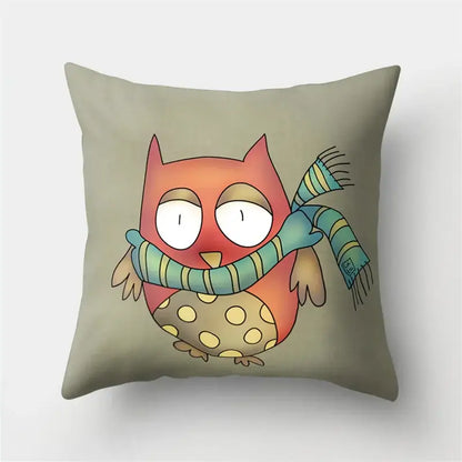 Cozy olive-green pillow cover featuring a decorbites cute owl with orange feathers and striped scarf for bedroom decor