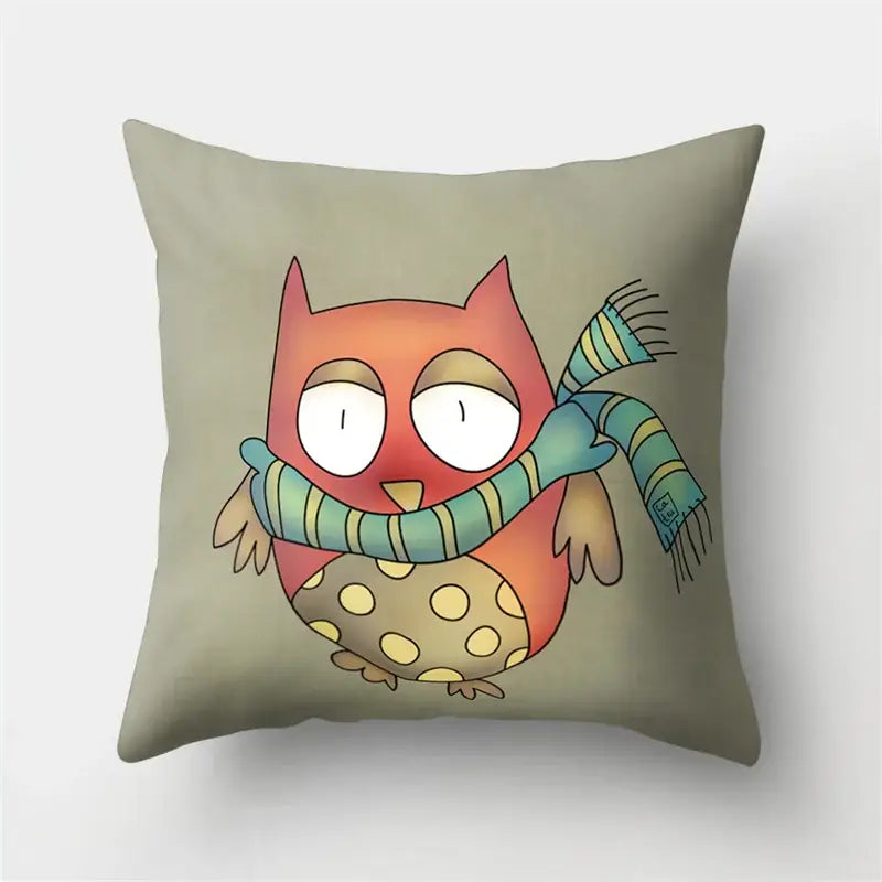 Cozy olive-green pillow cover featuring a decorbites cute owl with orange feathers and striped scarf for bedroom decor