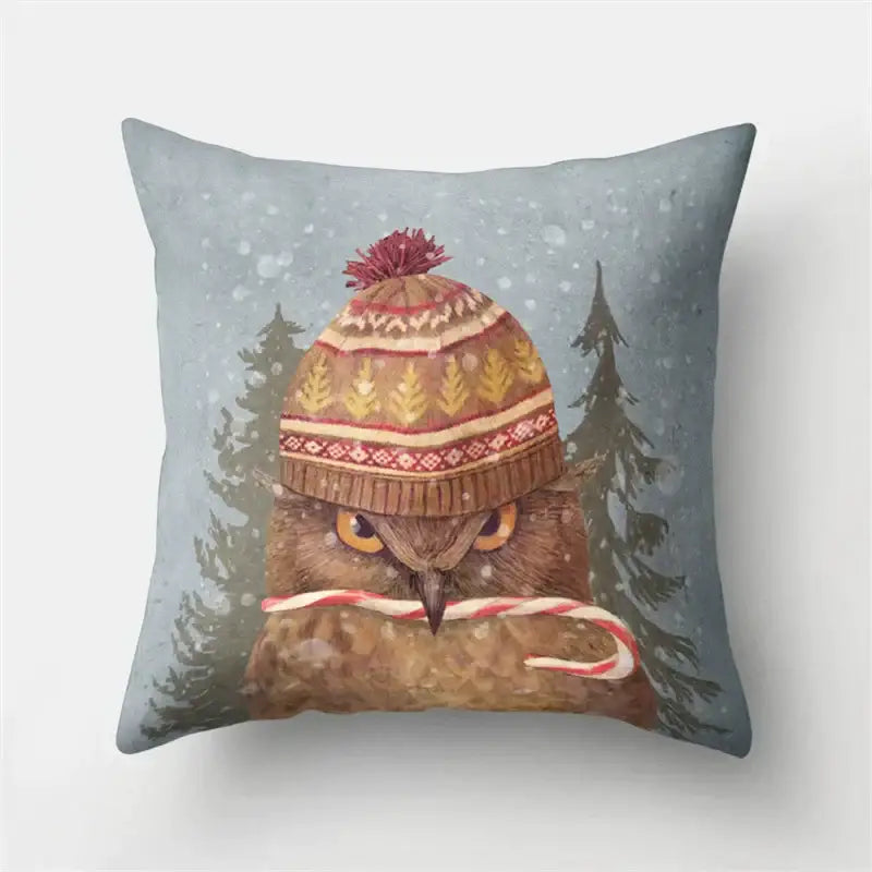 Cozy square pillow cover with decorbites cute owl illustration wearing knit hat holding candy cane for bedroom decor
