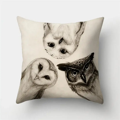 Cream-colored pillow cover with detailed black-and-white sketches of three owls perfect for decorbites cute owl decor