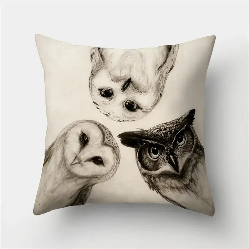 Cream-colored pillow cover with detailed black-and-white sketches of three owls perfect for decorbites cute owl decor
