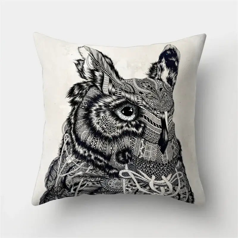 Cream-colored pillow cover with a detailed black and white artistic owl featuring geometric and tribal patterns for decorbites cute owl cushion