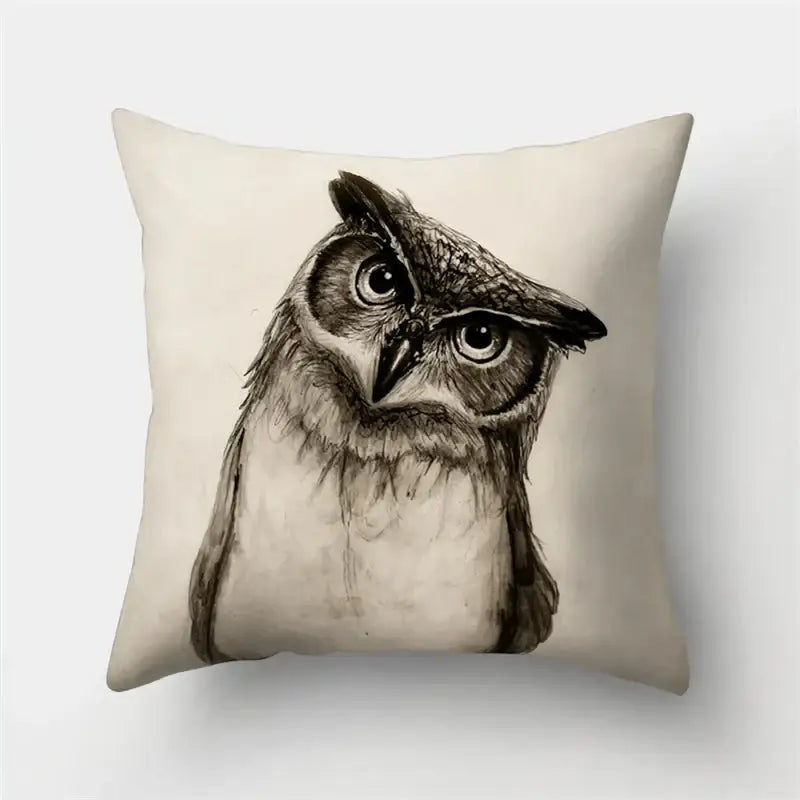 Cream-colored pillow cover featuring a detailed black and white owl sketch for decorbites cute owl bedroom decor