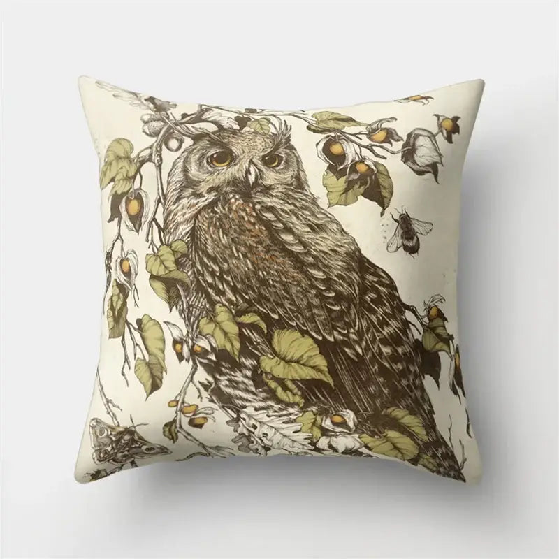 Cream-colored pillow cover featuring a detailed artistic owl design with leaves and berries for bedroom decorbites cute owl