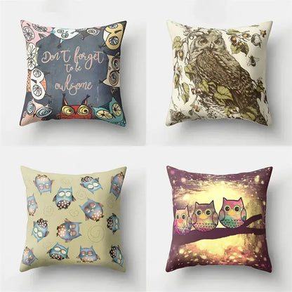 Four decorative pillow covers featuring decorbites cute owl designs in colorful artistic styles for bedroom decor