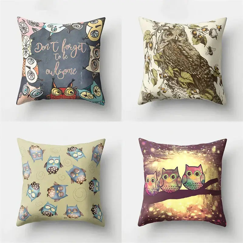 Four decorative pillow covers featuring decorbites cute owl designs in colorful artistic styles for bedroom decor