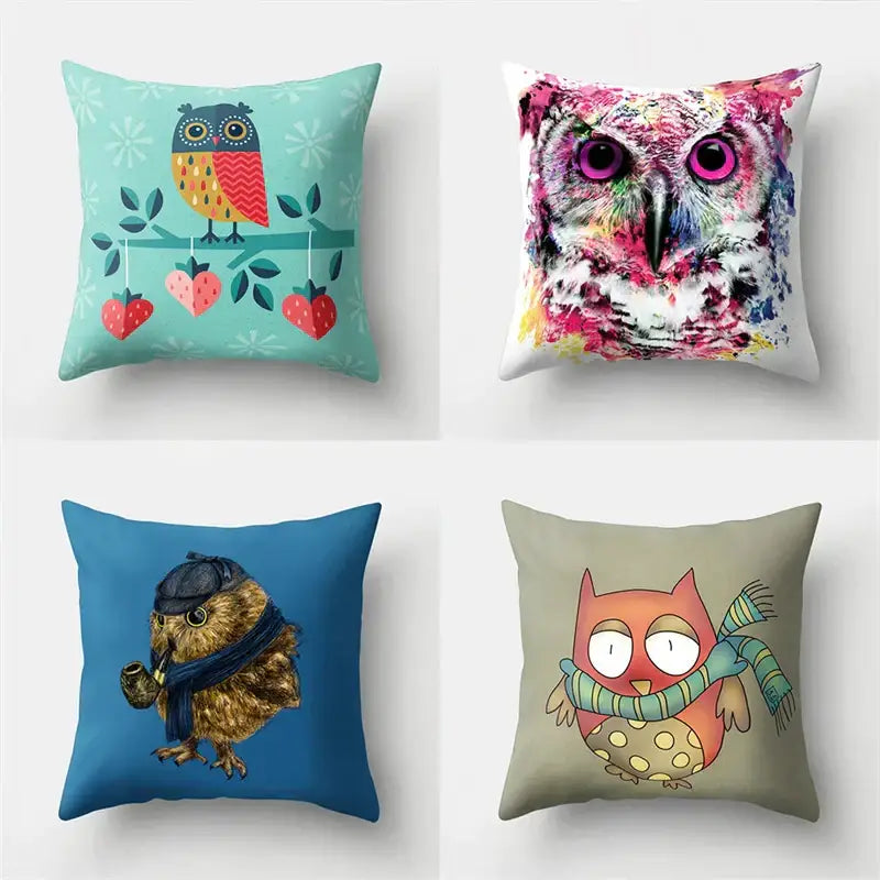 Four square pillow covers featuring unique colorful owl designs perfect for decorbites cute owl bedroom decor